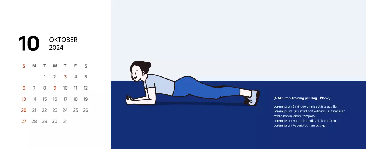 Eenvoudige kalender met strakke illustraties in blauw