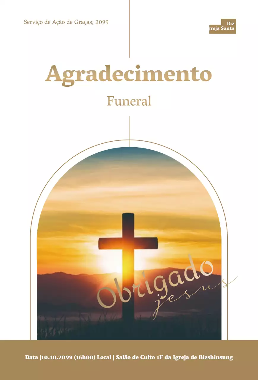 Convite elegante para o serviço de Ação de Graças com texto castanho e imagem de uma cruz
