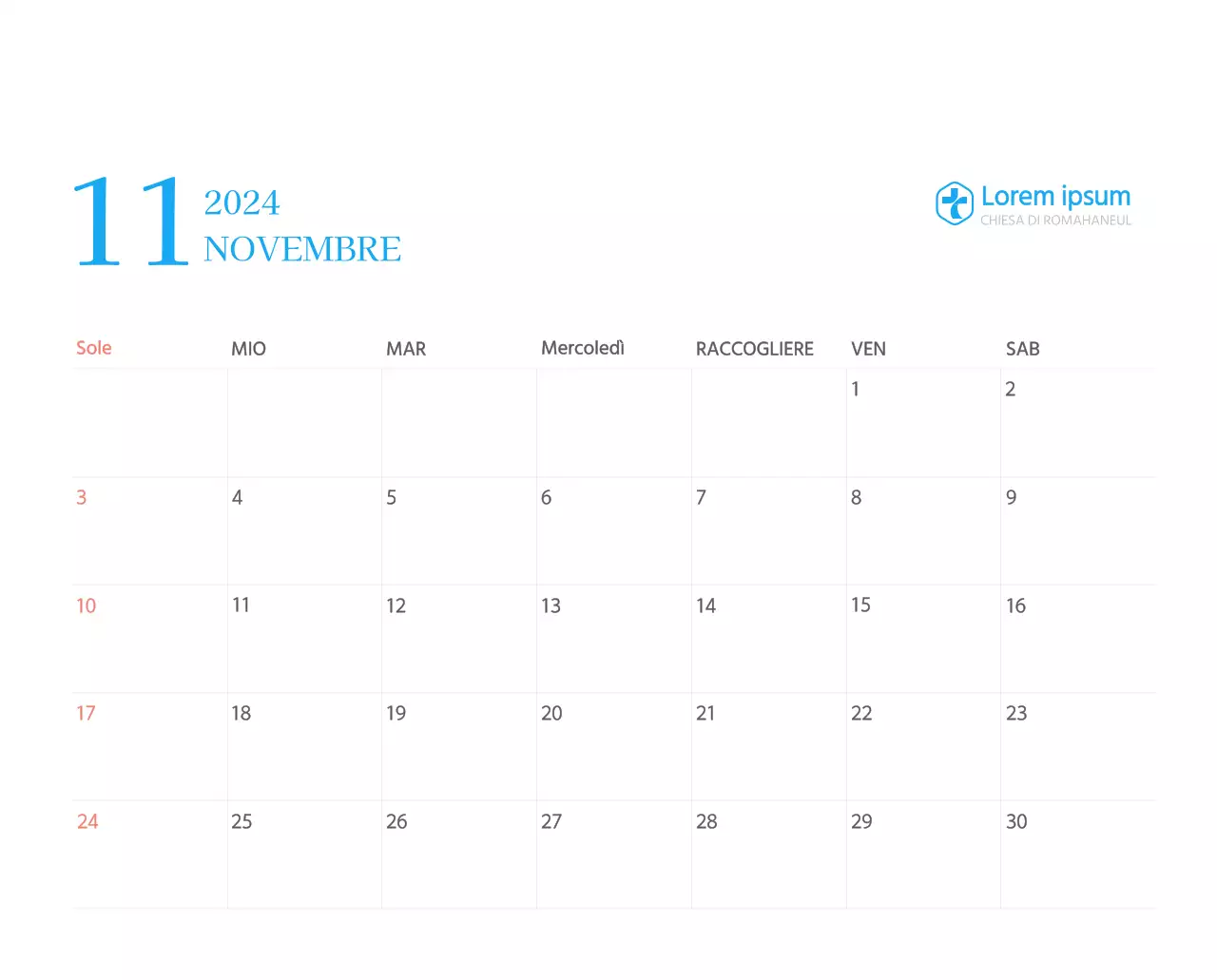 Calendario ecclesiastico blu di concezione moderna