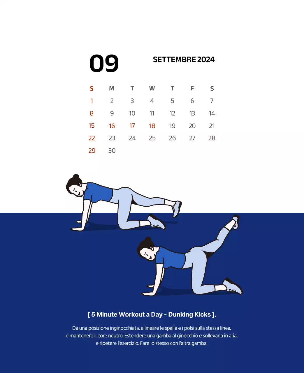 Calendario semplice con illustrazioni pulite in blu