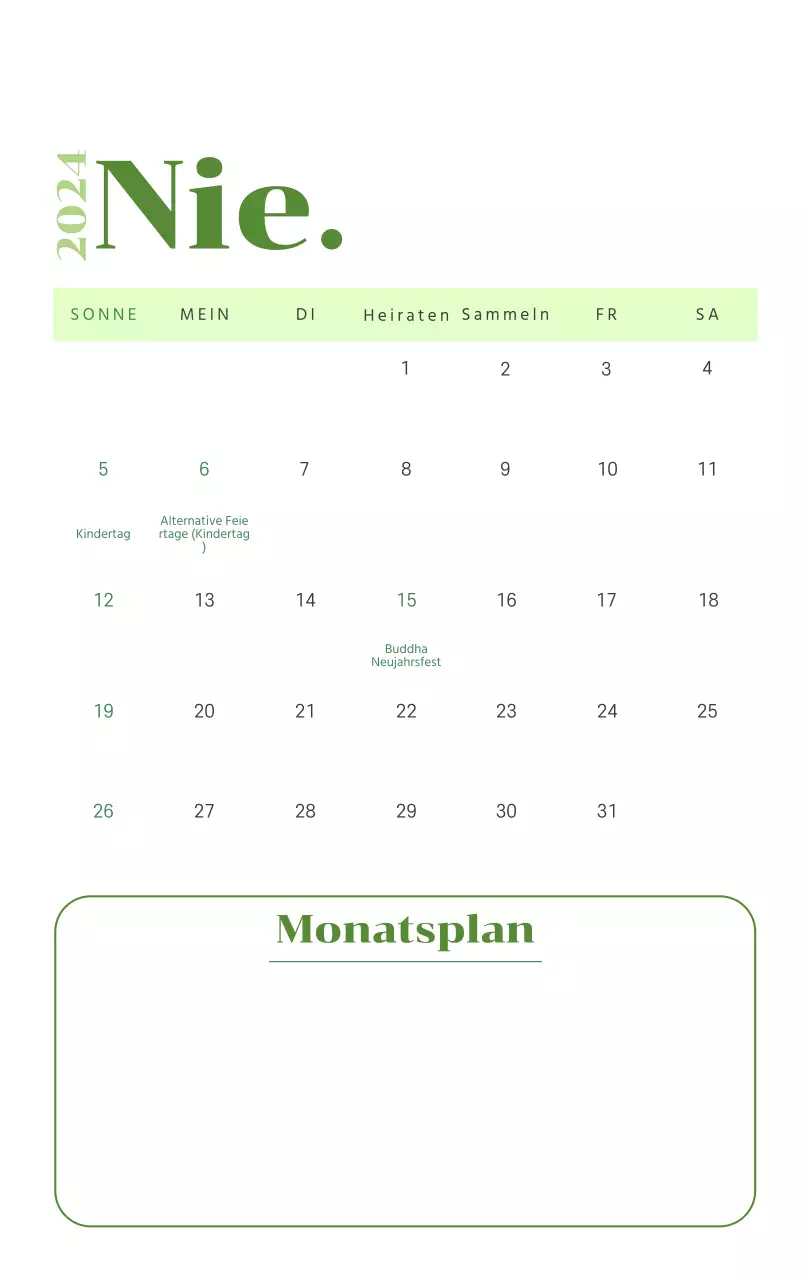 Kalender mit Jugendillustrationen auf gelbem und grünem Hintergrund