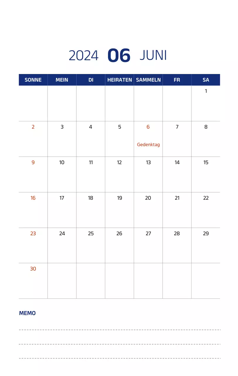 Einfacher Kalender mit klaren Illustrationen in Blau