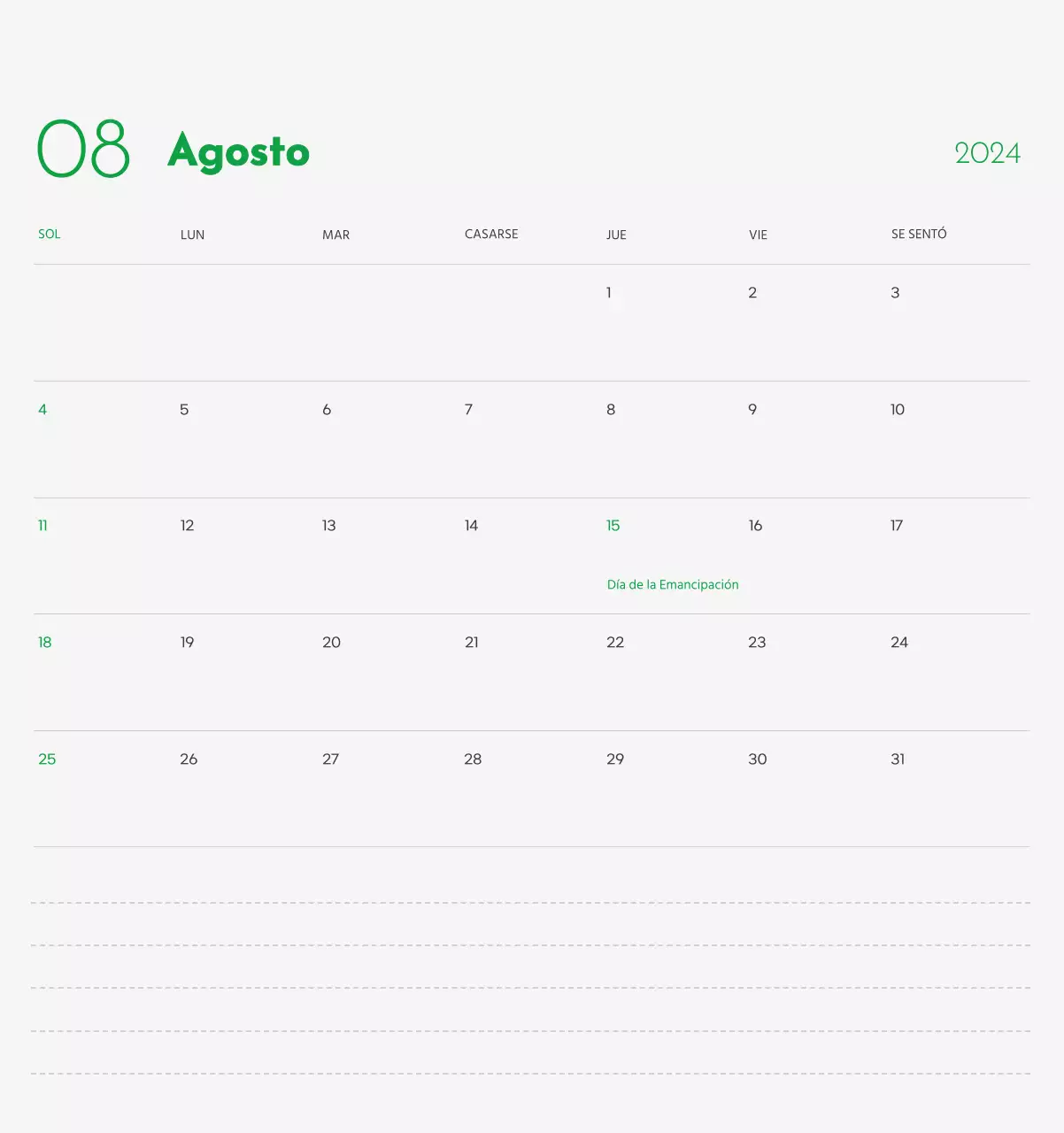 Un calendario con la imagen de un cachorro y un bonito mensaje en tonos verdes.