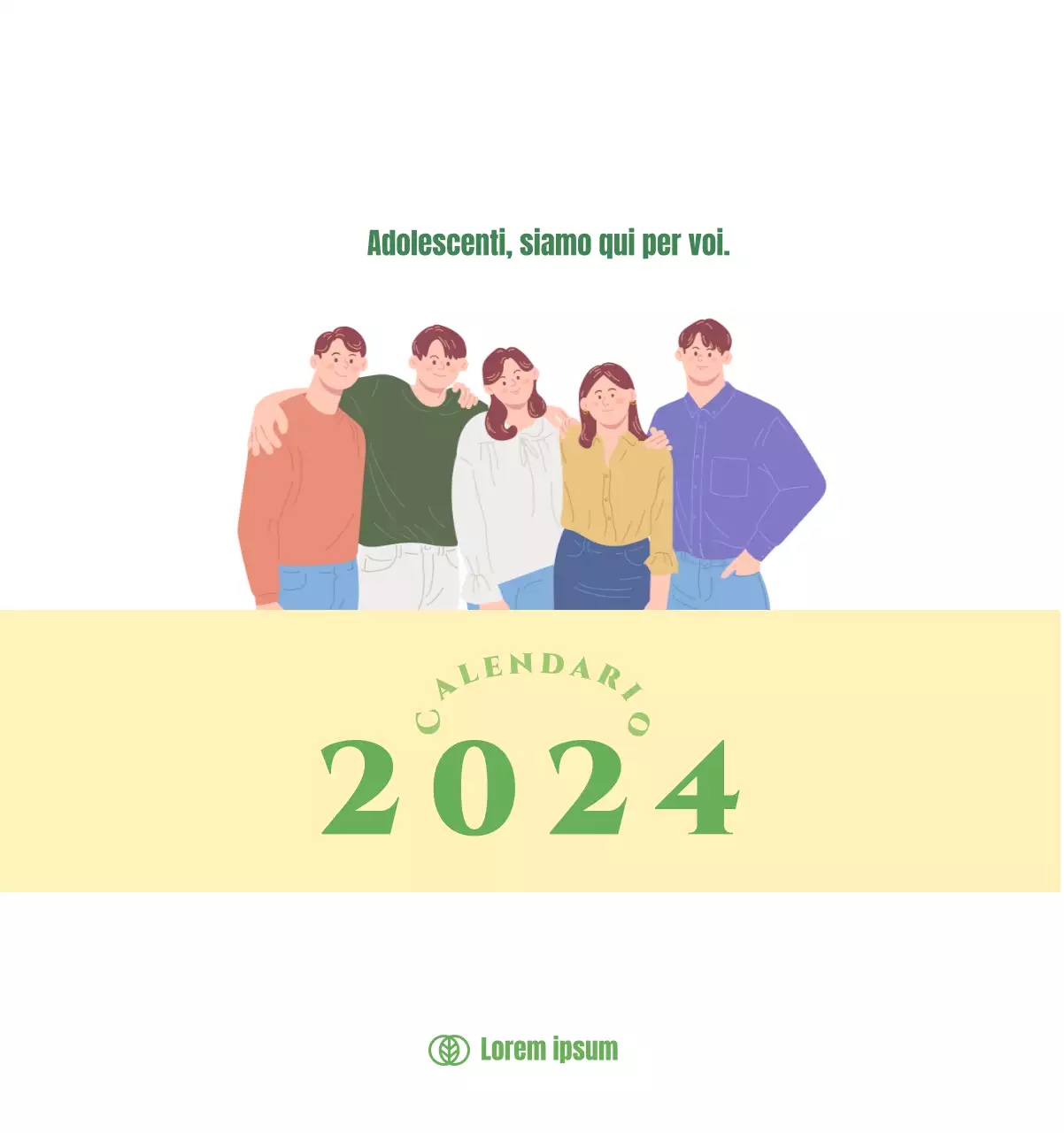 Calendario con illustrazioni giovanili su sfondo giallo e verde