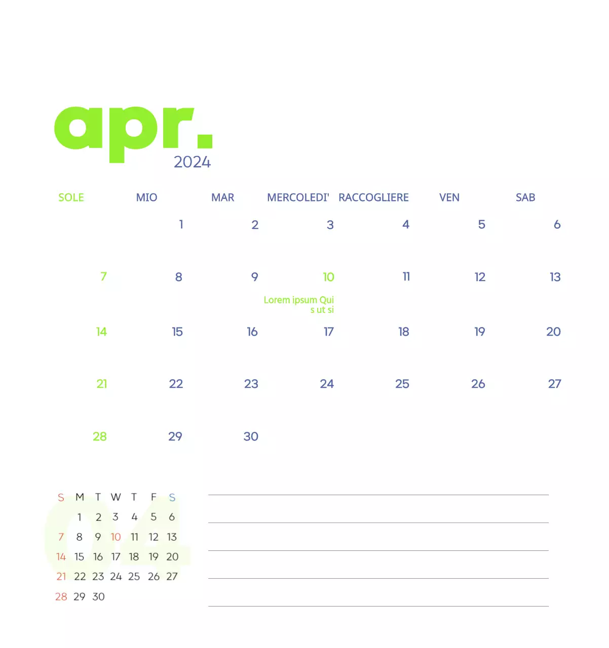 Calendario di lavoro con splendide illustrazioni