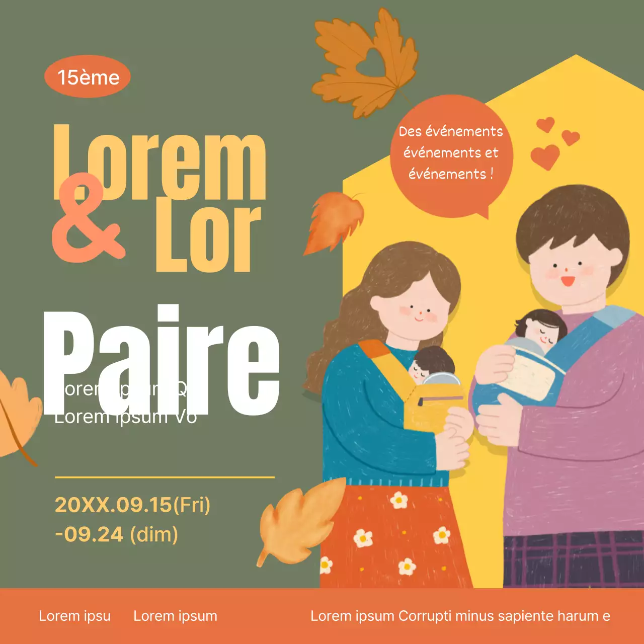 Promouvoir un salon simple de la parentalité pour bébés en kaki et jaune