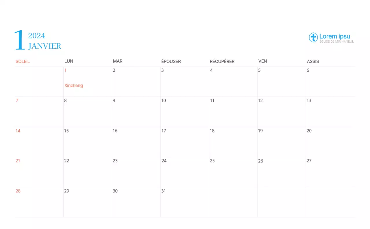 Calendrier d'église moderne bleu