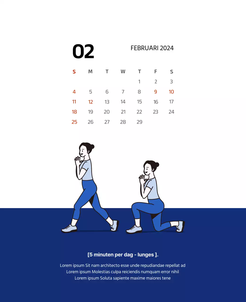 Eenvoudige kalender met strakke illustraties in blauw