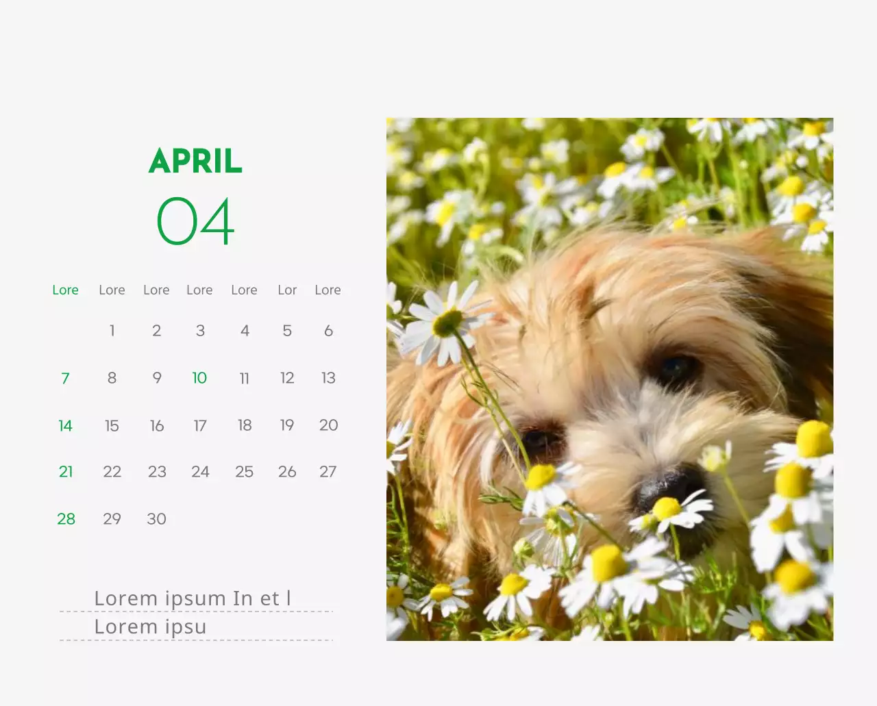 Een kalender met een afbeelding van een puppy en een schattige boodschap in groene accenten