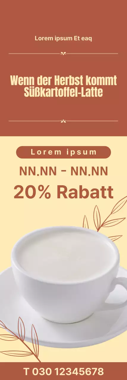 Süßkartoffel-Latte-Banner mit herbstlichen Blattformen auf gelbem und braunem Hintergrund