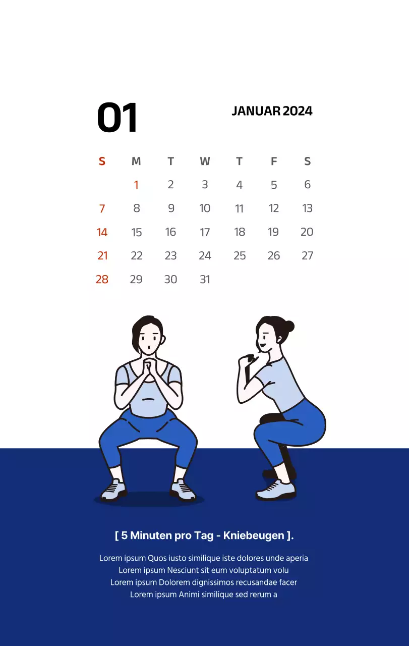 Einfacher Kalender mit klaren Illustrationen in Blau