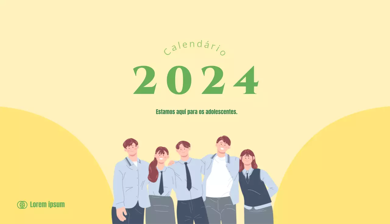 Calendário com ilustrações de jovens sobre um fundo amarelo e verde