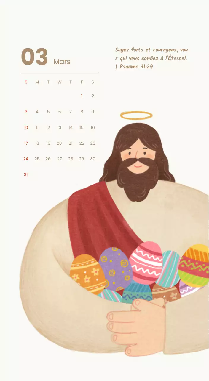 Un calendrier dévotionnel avec des illustrations douces et des versets bibliques sur un fond bleu clair.