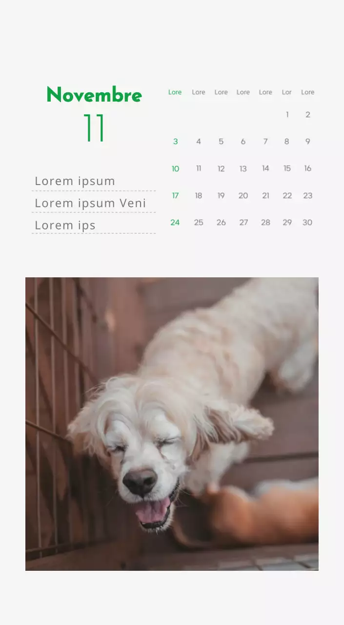 Un calendario con l'immagine di un cucciolo e un simpatico messaggio in verde.