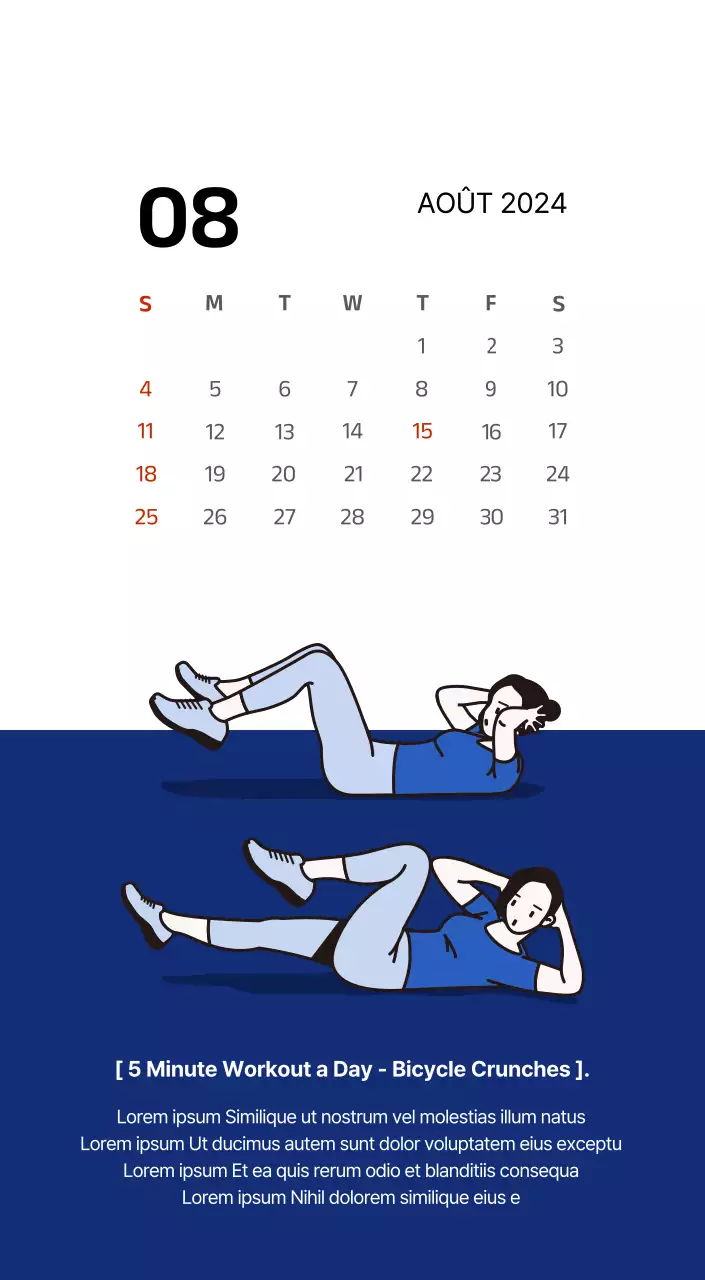 Calendrier simple avec des illustrations épurées en bleu