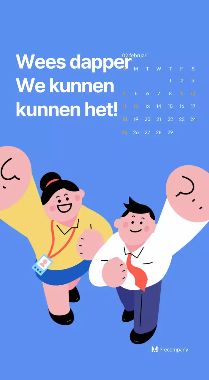 Motiverende kalender met energieke illustraties en positieve citaten op een lichtblauwe achtergrond