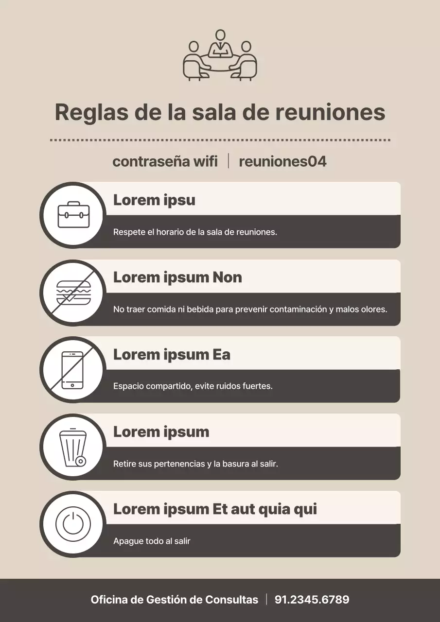 Guía de normas sencillas para salas de reuniones beige y marfil