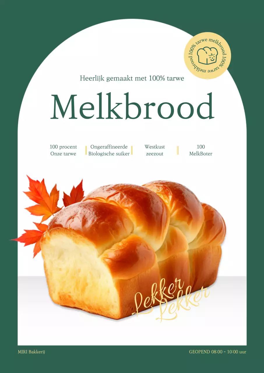 Promoot een bakkerij met brood en gevallen bladeren op een groene en witte achtergrond