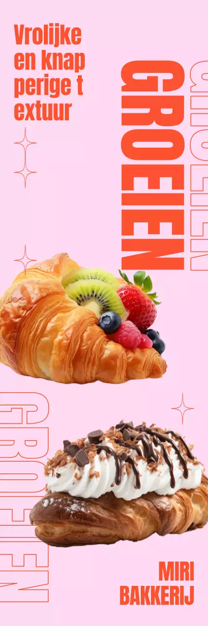 Een café-bakkerijmenu met fotorealistische afbeeldingen van croissantbroodjes en gedurfde tekstlay-outs en geometrische afbeeldingen.