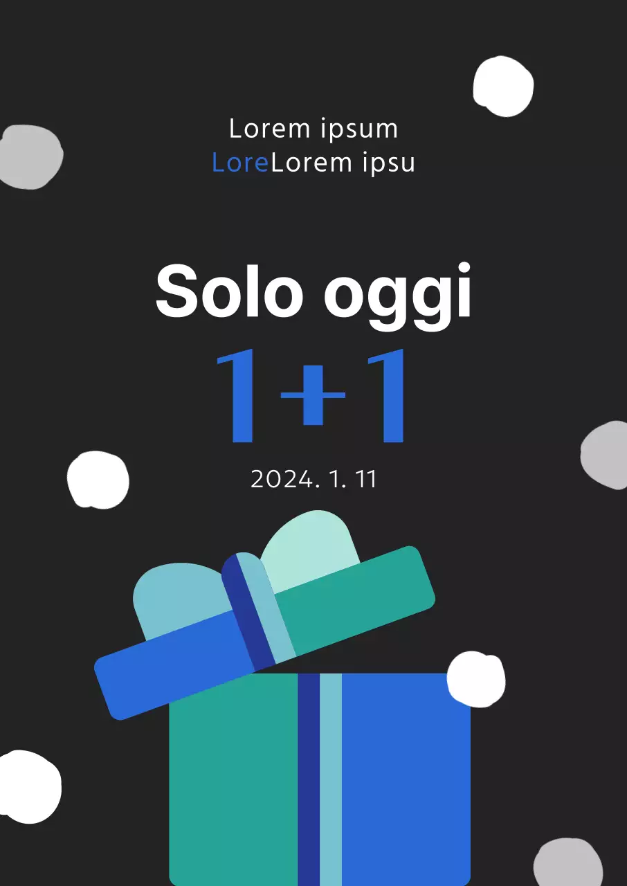 Promozione invernale che evidenzia l'acquisto di una confezione regalo con punti blu su sfondo nero.