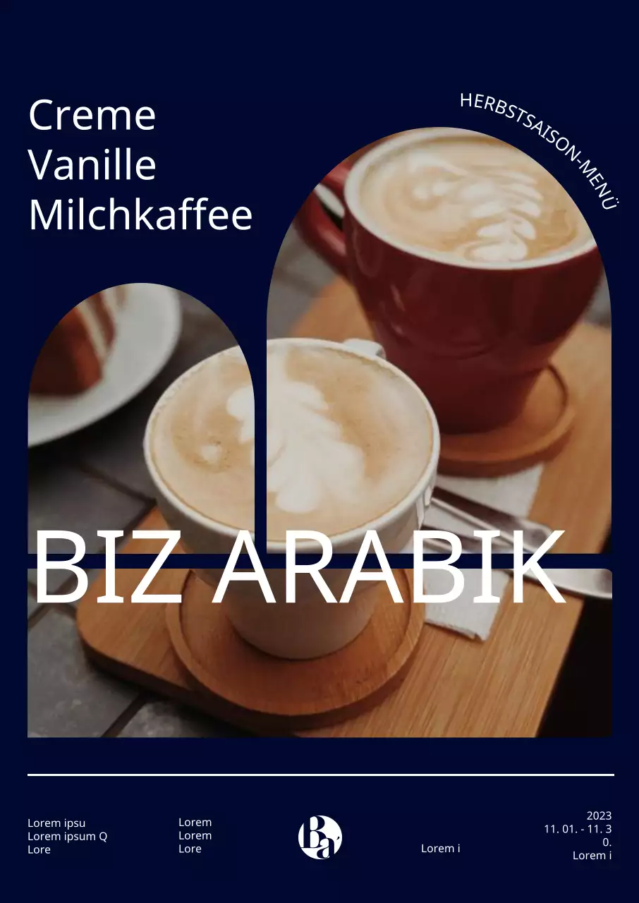 Einführung eines herbstlichen Getränks mit geteiltem Rahmen vor einem marineblauen Hintergrund