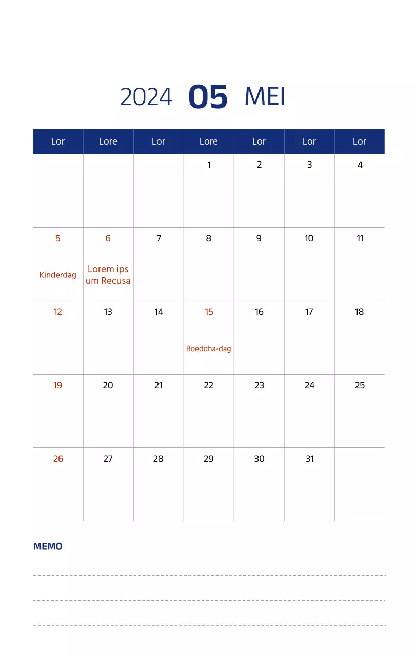 Eenvoudige kalender met strakke illustraties in blauw