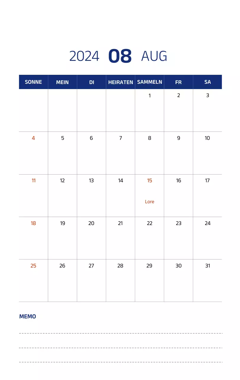 Einfacher Kalender mit klaren Illustrationen in Blau