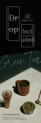 A ementa de chá verde do Cafe Green Tea apresenta uma disposição simples e um toque emocional de cursivo inglês e papel manuscrito.
