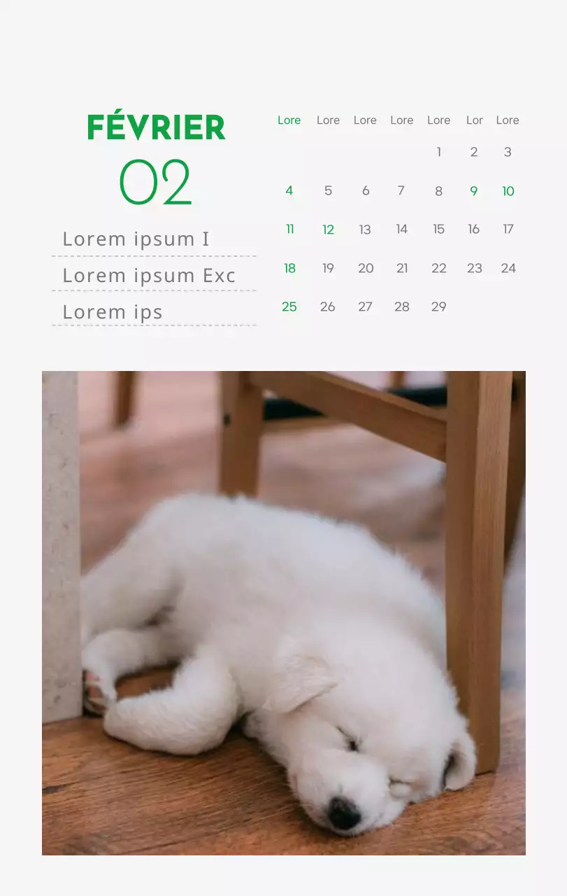 Un calendrier avec la photo d'un chiot et un message mignon aux accents verts.