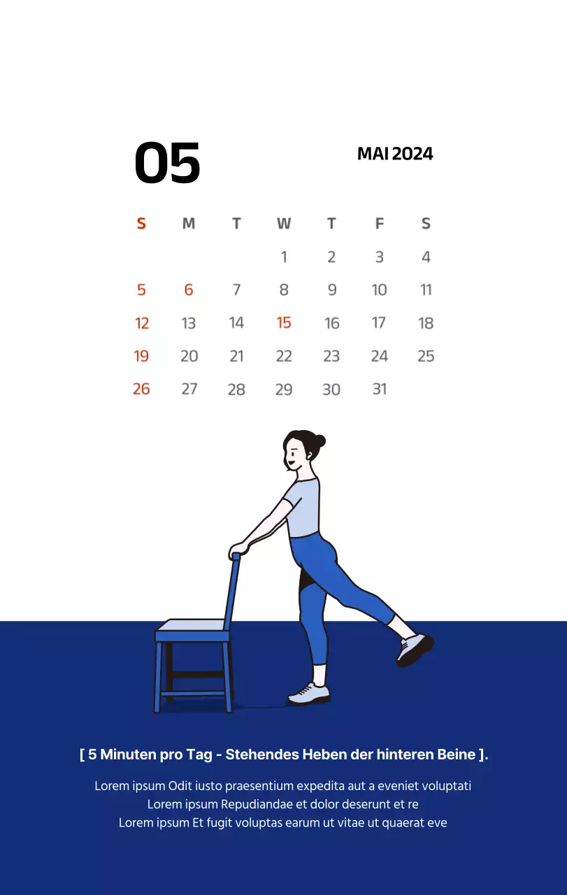 Einfacher Kalender mit klaren Illustrationen in Blau