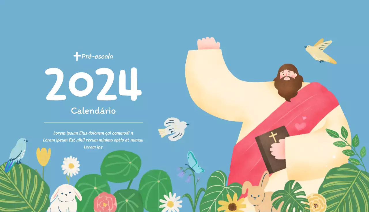 Um calendário devocional com ilustrações acolhedoras e versículos bíblicos sobre um fundo azul claro