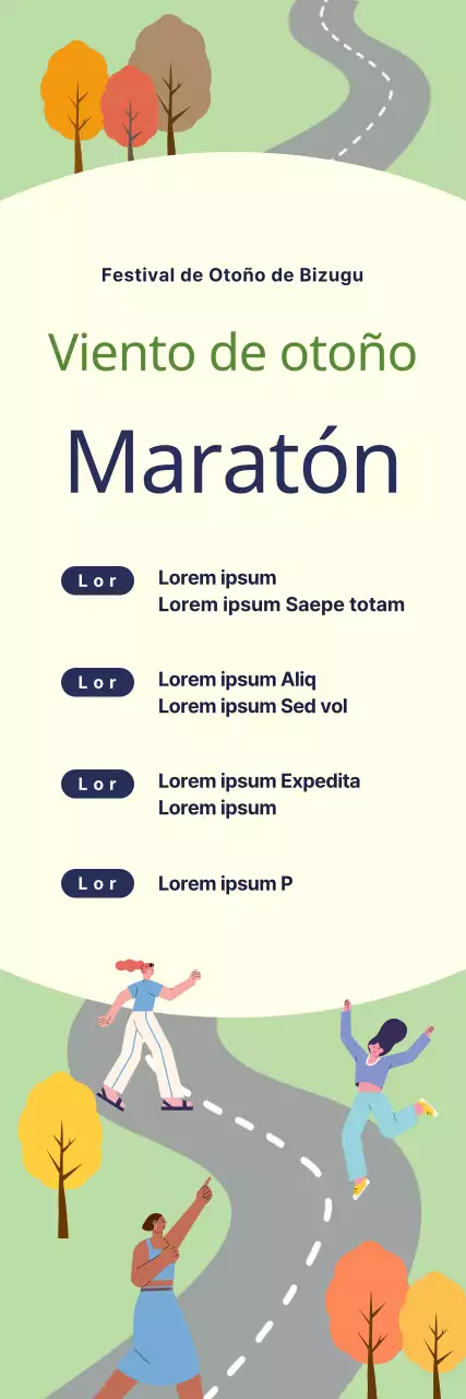 Pancarta para un maratón de otoño con personajes femeninos en la carretera.