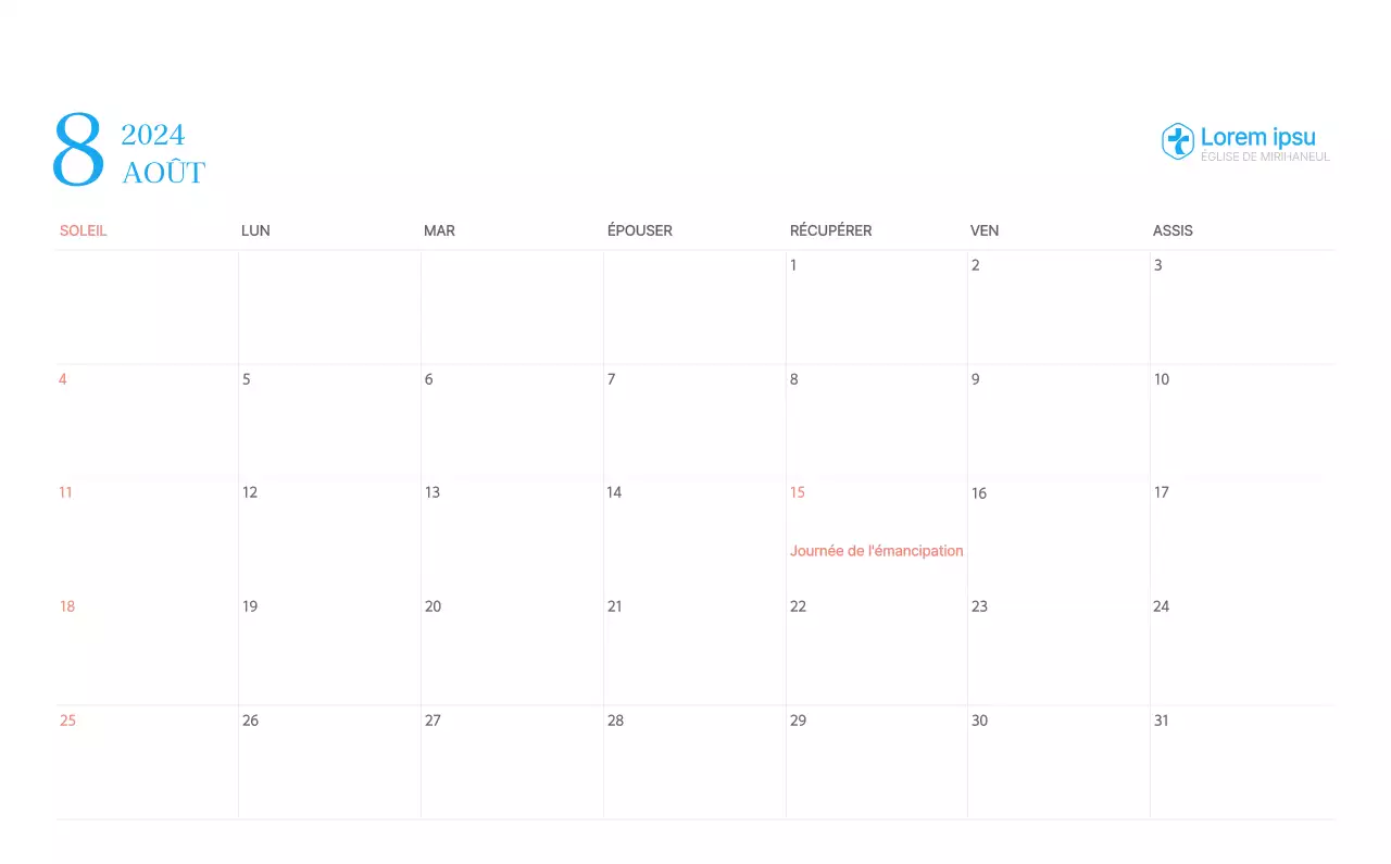 Calendrier d'église moderne bleu