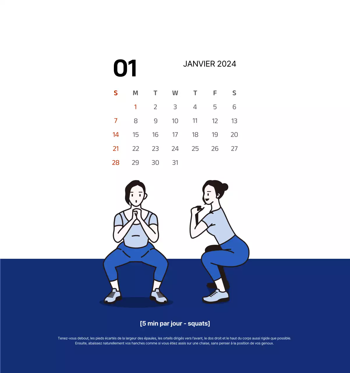 Calendrier simple avec des illustrations épurées en bleu