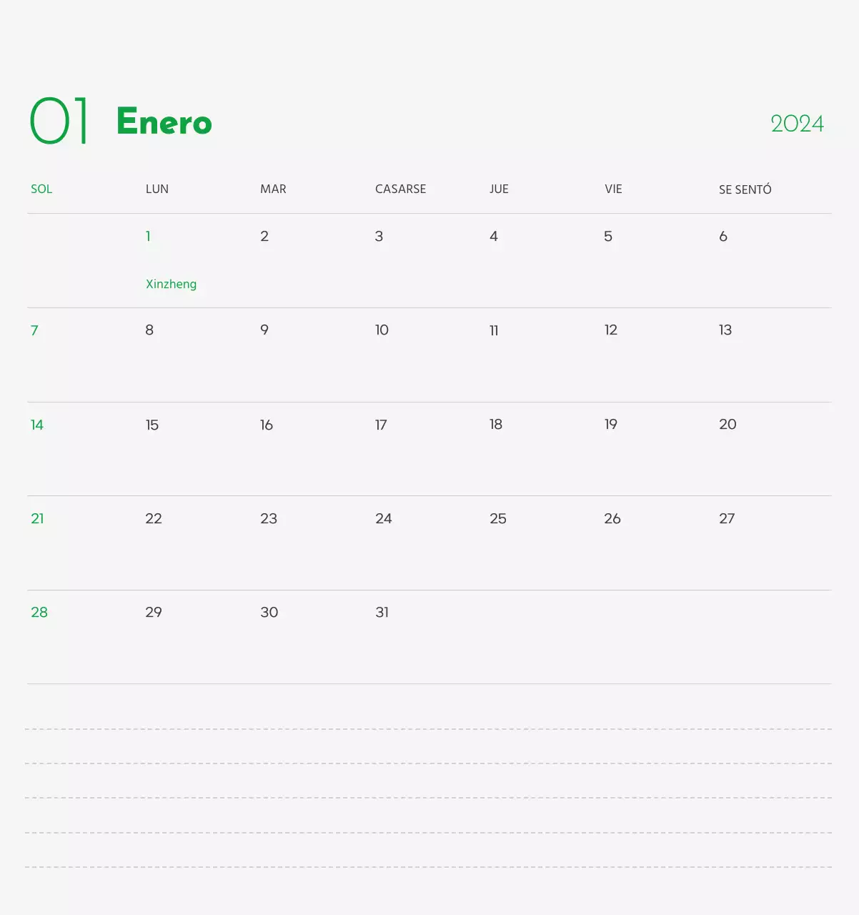 Un calendario con la imagen de un cachorro y un bonito mensaje en tonos verdes.
