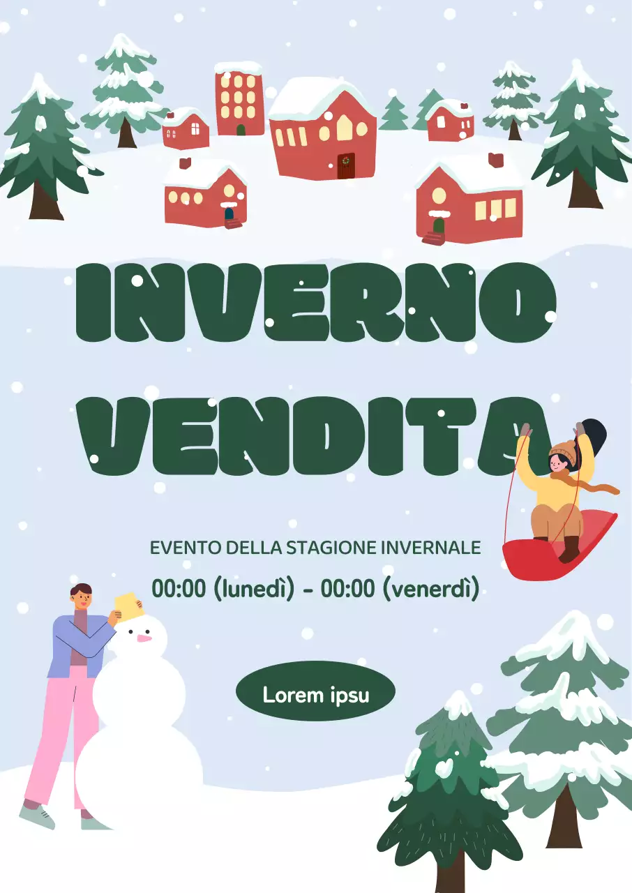 Una vendita invernale con un villaggio innevato, slitte da neve e pupazzi di neve in una simpatica illustrazione invernale.