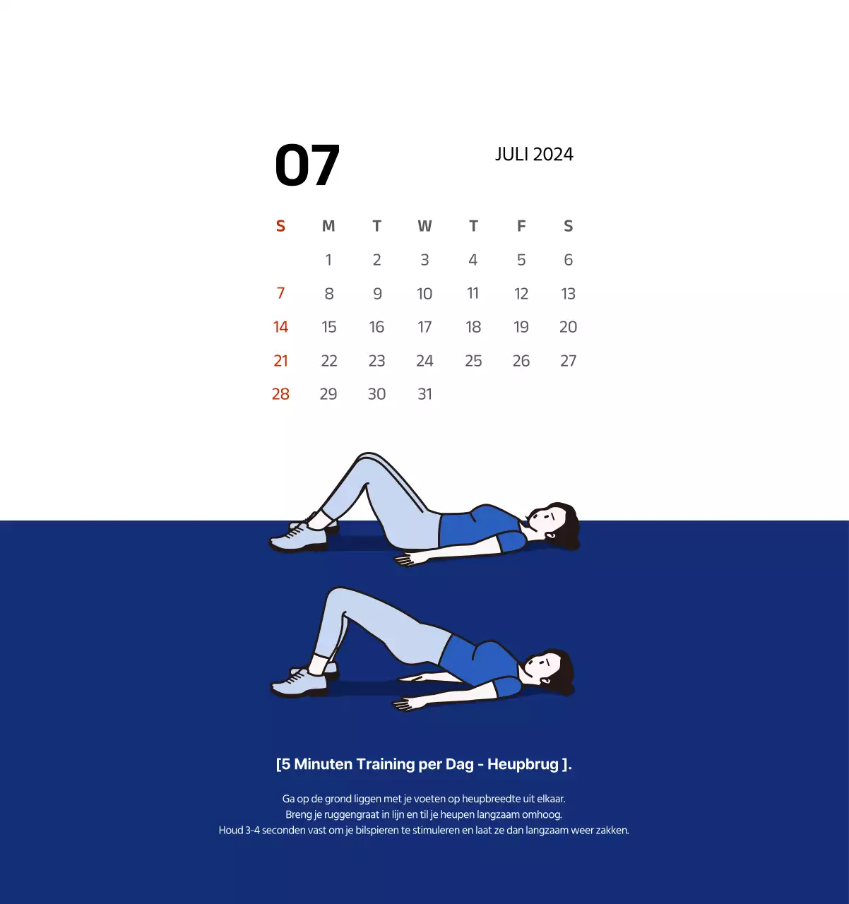 Eenvoudige kalender met strakke illustraties in blauw