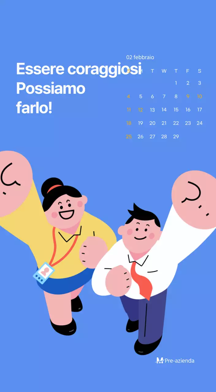 Calendario motivazionale con illustrazioni energetiche e citazioni positive su sfondo azzurro