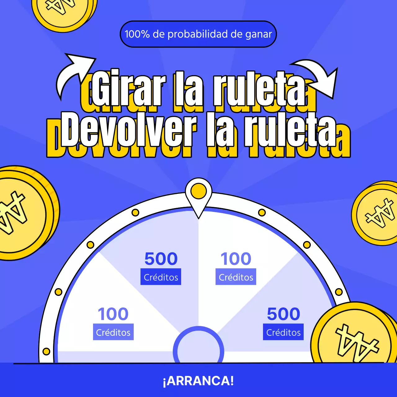 Publicidad de una ruleta de la suerte con toques de amarillo y azul