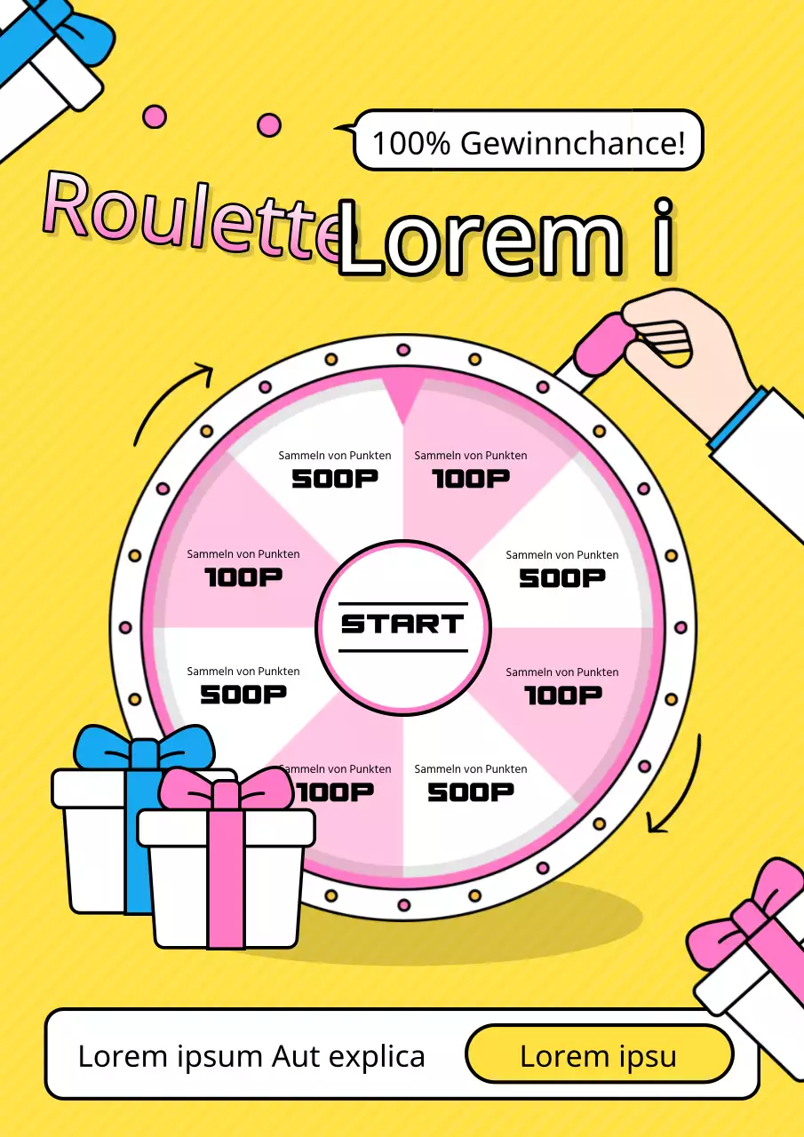 Kitschige Roulette-Geschenkspielwerbung in Gelb und Rosa