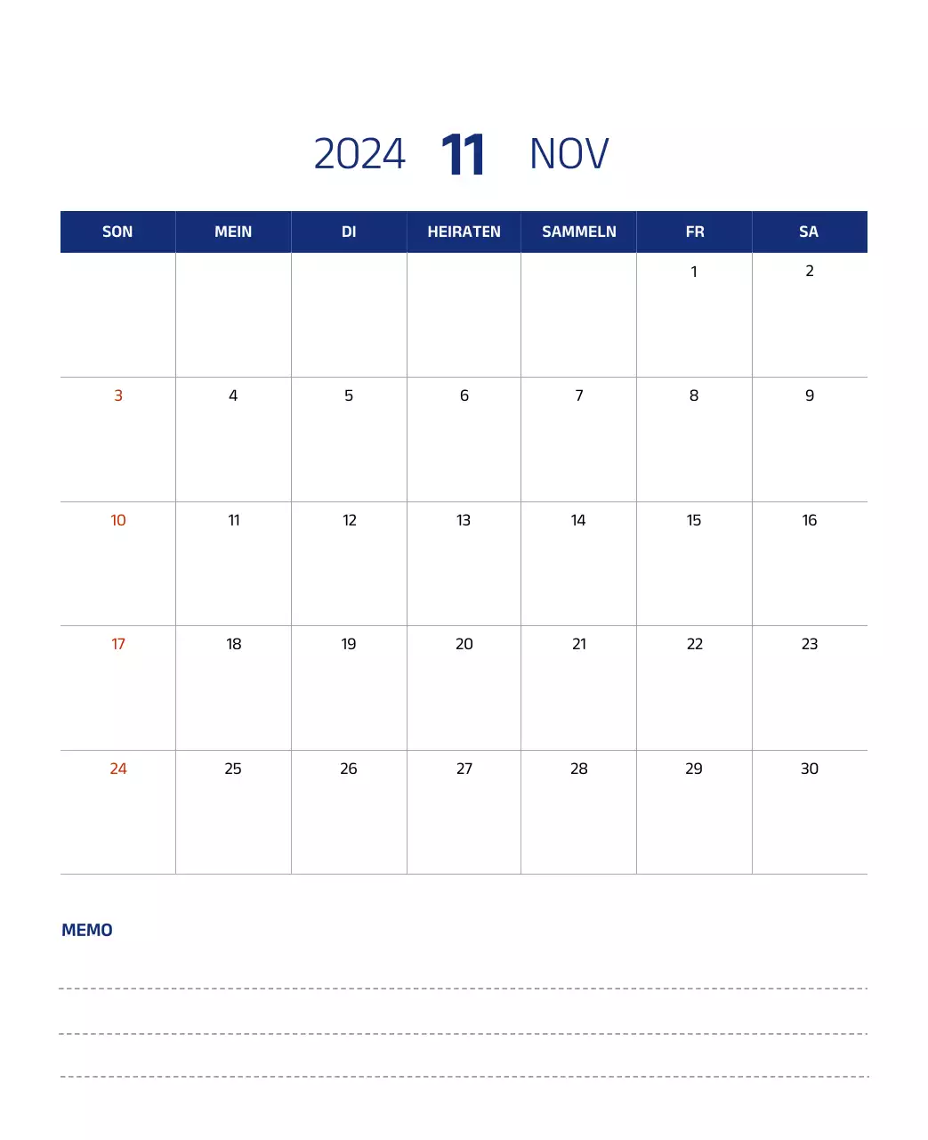 Einfacher Kalender mit klaren Illustrationen in Blau