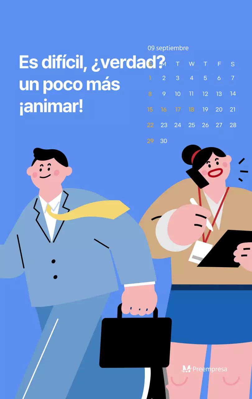 Calendario motivacional con ilustraciones llenas de energía y citas positivas sobre fondo azul claro