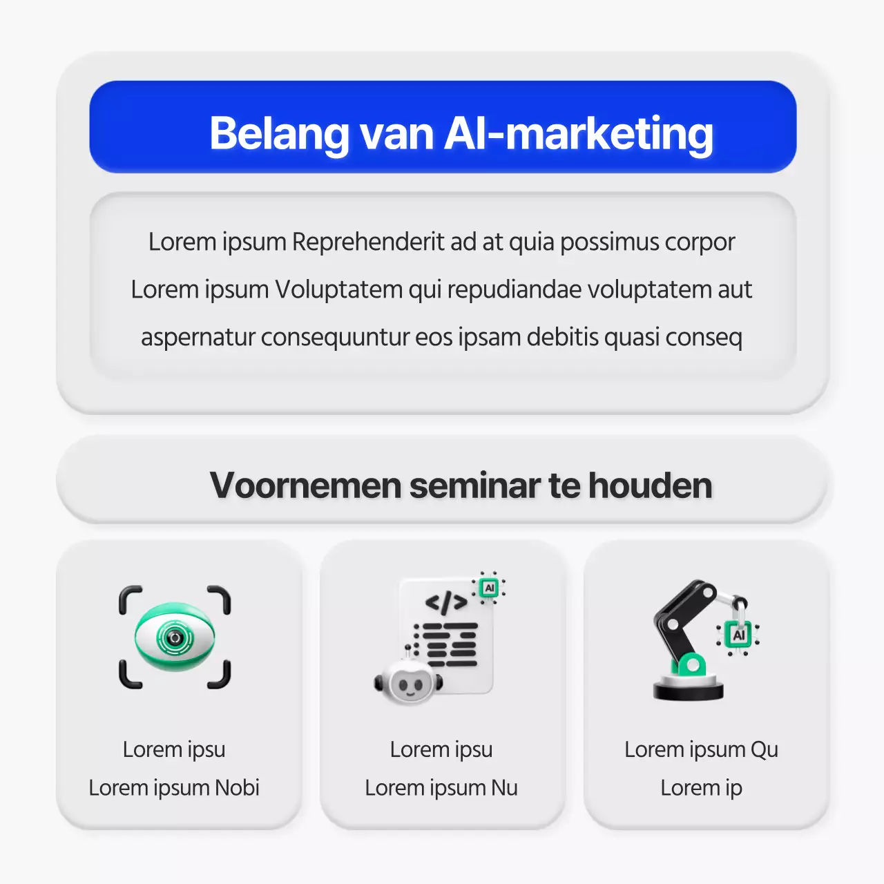 Seminar aankondiging in een minimalistische 3D stijl in blauw en grijs