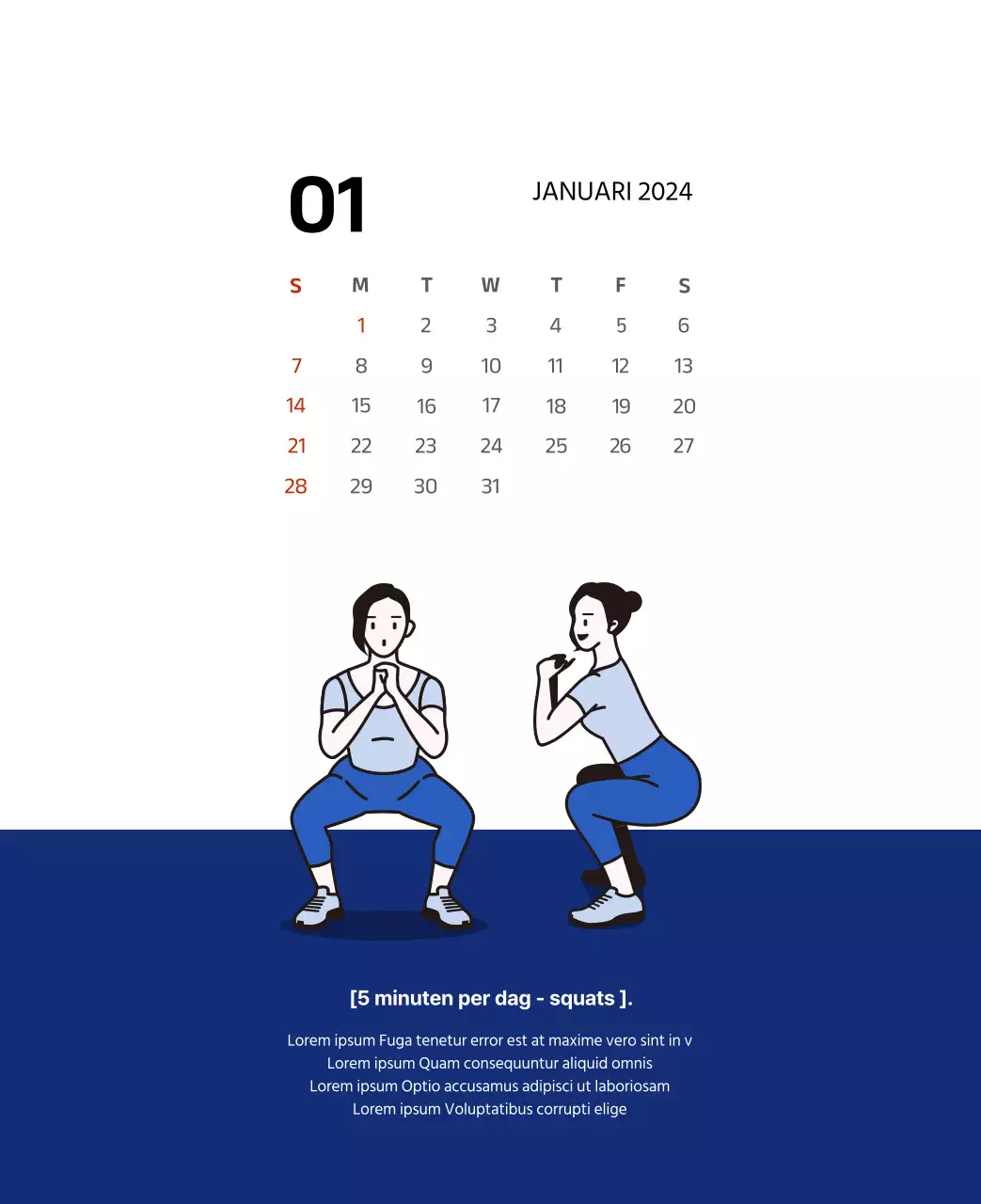 Eenvoudige kalender met strakke illustraties in blauw