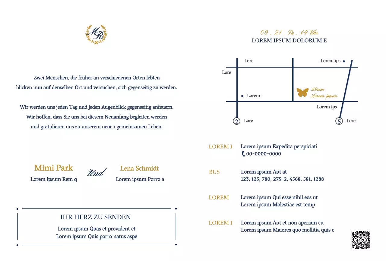 Elegantes Design Hochzeitseinladung mit Schmetterling Illustrationen in weiß und marineblau