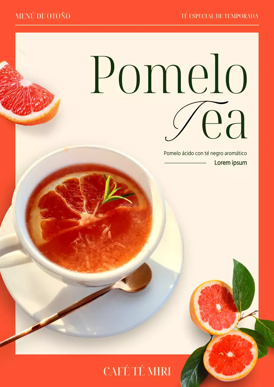 Menú Cafe TEA con un diseño emotivo y limpio, acento de color naranja e imagen de pomelo en vivo