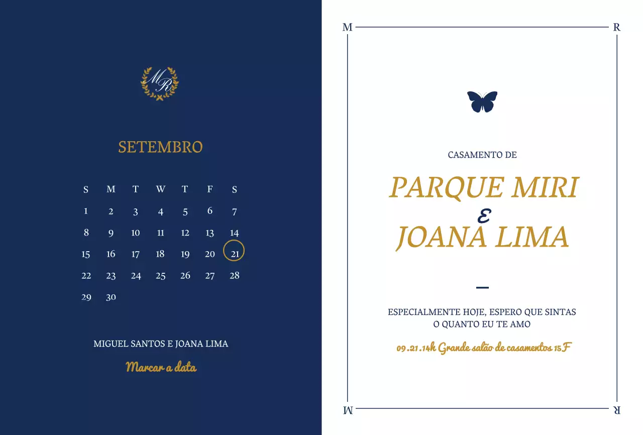 Convite de casamento de design elegante com ilustrações de borboletas em branco e azul-marinho