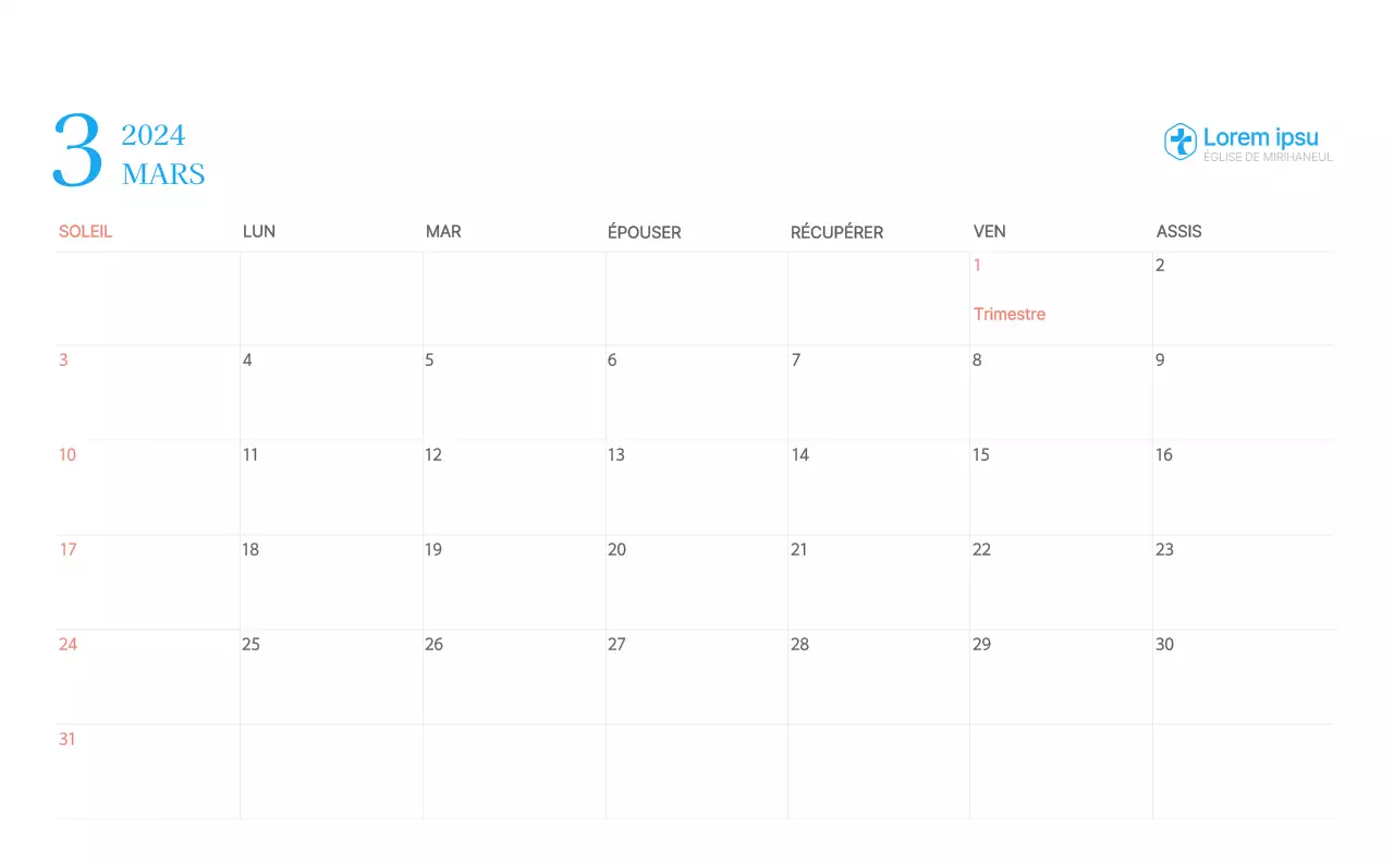 Calendrier d'église moderne bleu