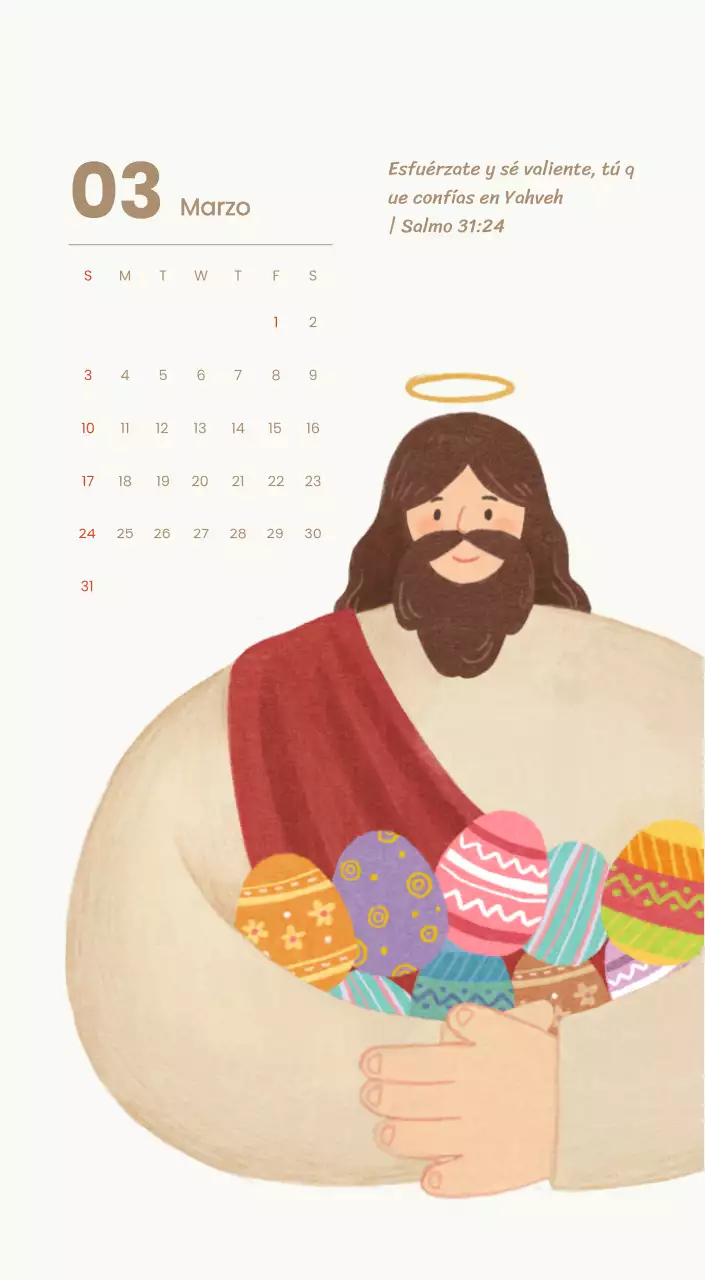 Un calendario devocional con acogedoras ilustraciones y versículos bíblicos sobre fondo azul claro