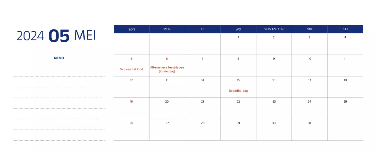 Eenvoudige kalender met strakke illustraties in blauw